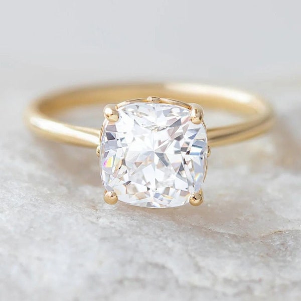 3 CT Cushion Cut Colorless Moissanite Engagement Ring, Prong Accents Solitaire Wedding Ring, Solid 14K Yellow Gold Ring, Anniversary Ring