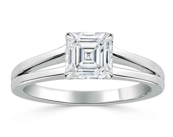 1.5 CT Asscher Cut Colorless Moissanite Engagement Ring, Prong Accents Solitaire Wedding Ring, Split Shank Ring, Solid 14K White Gold Ring