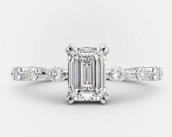 2,5 CT Emerald Cut kleurloze Moissanite verlovingsring, ronde afstand Pave Set halve eeuwigheid Moissanite trouwring, 14K witgouden ring