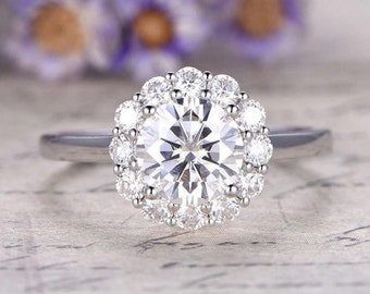 Anillo de compromiso Moissanite de corte brillante redondo de 3 CT, anillo de oro blanco de 14K, anillo de boda Halo Moissanite, anillo vintage de racimo, regalo para ella