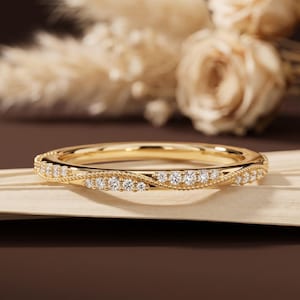 Vintage Style Matching Wedding Ring, Round Cut Milgrain Set Moissanite Diamond Wave Band, Half Eternity Band for Women, Anniversary Gifts
