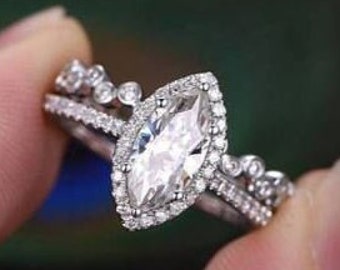 2.50 CT Marquise Cut Colorless Moissanite Bridal Ring Set, Halo Moissanite Engagement Ring, 14K White Gold Ring Set, Bezel Set Wedding Band