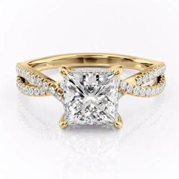 3 CT Princess Cut Colorless Moissanite Engagement Ring, Solid 14K Yellow Gold Ring, Hidden Halo Moissanite Ring, Twisted Shank Wedding Ring