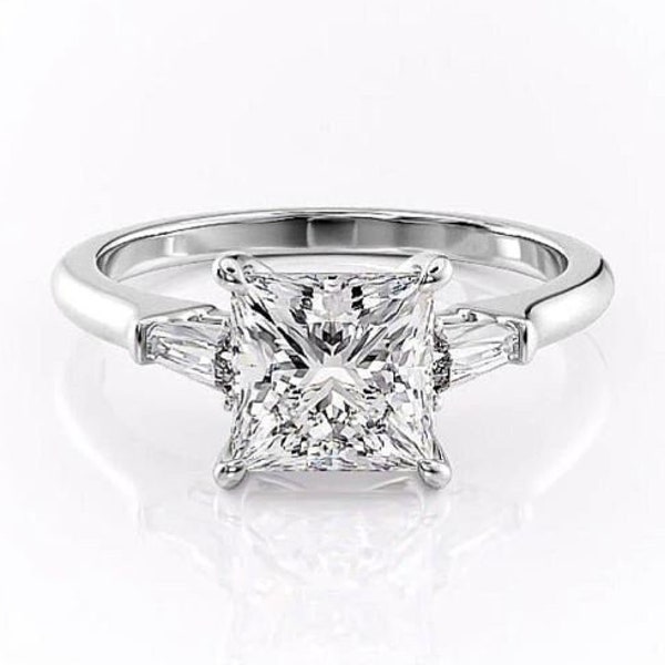 3.50 CT Princess Cut Moissanite Engagement Ring, Tapered Baguette Moissanite Ring, Three Stone Solitaire Wedding Ring, 14K White Gold Ring