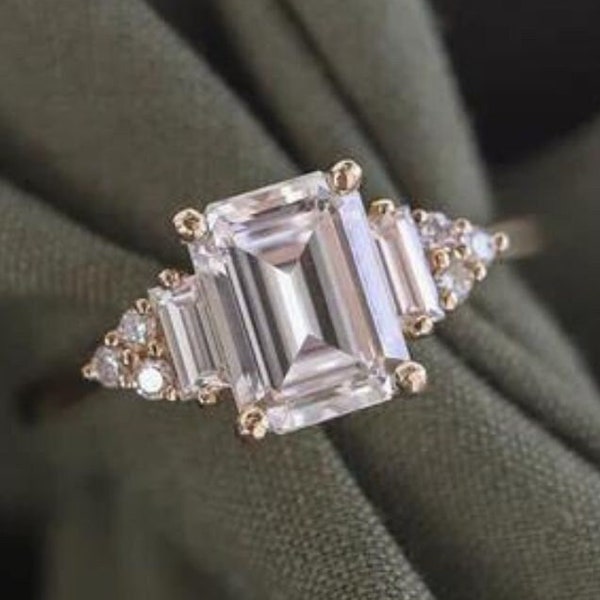 2.5 CT Emerald Cut Colorless Moissanite Engagement Ring, Cluster Style Vintage Wedding Ring, Solid 14K Yellow Gold Ring, Art Deco Women Ring