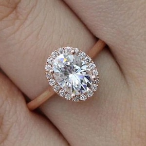 2 CT Oval Lab Grown Diamond Engagement Ring: 14K Rose Gold Halo Ring