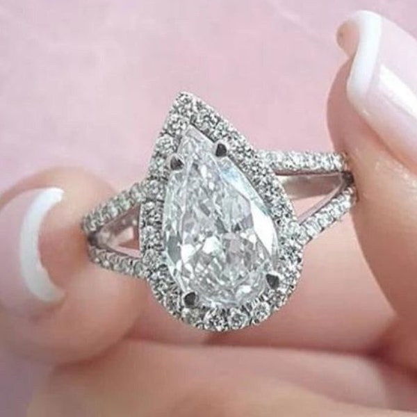 2.50 CT Pear Cut Colorless Moissanite Engagement Ring, Halo Moissanite Wedding Ring, 14K White Gold Ring, Split Shank Vintage Bridal Ring