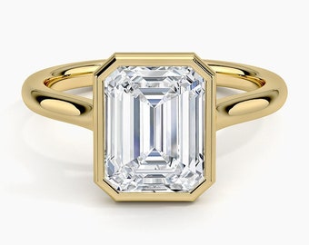 2.50 CT Emerald Cut Colorless Lab Grown Diamond Engagement Ring, Bezel Set Solitaire Wedding Ring, 14K Yellow Gold Ring, Delicate Ring Gift