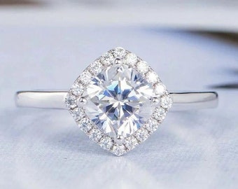 3 CT Kissenschliff Farblos Moissanite Solitär Verlobungsring, Halo Moissanite Ehering, solider 14K Weißgoldring, Jubiläumsring