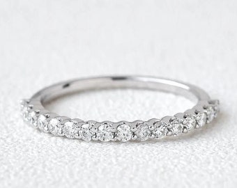 Round Cut Colorless Moissanite Wedding Band, Solid 14K White Gold Band, Half Eternity Moissanite Band, Stacking Matching Band, Delicate Band