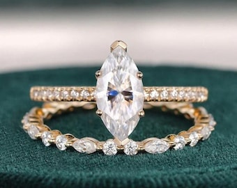 Set di anelli da sposa in Moissanite incolore con taglio marquise da 1 CT, fede nuziale per l'eternità completa, anello in oro giallo massiccio 14K, anello di fidanzamento vintage