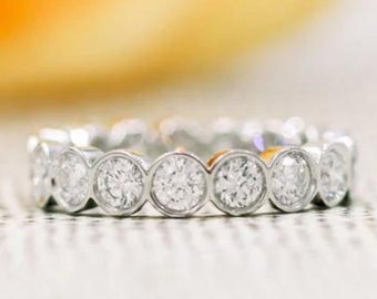 Banda de boda Moissanite de corte redondo brillante de 3 MM, banda de boda de eternidad completa con conjunto de bisel, banda de oro amarillo de 14K, regalo de banda de moissanita solitaria