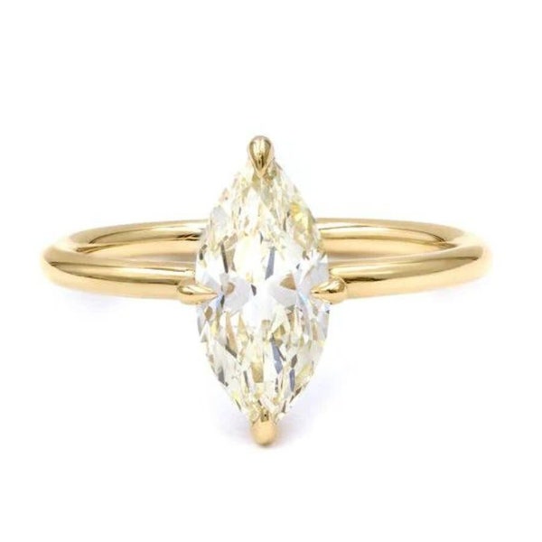 1.5 CT Marquise Cut Colorless Moissanite Solitaire Engagement Ring, Prong Accents Classic Halo Moissanite Ring, Solid 14K Yellow Gold Ring