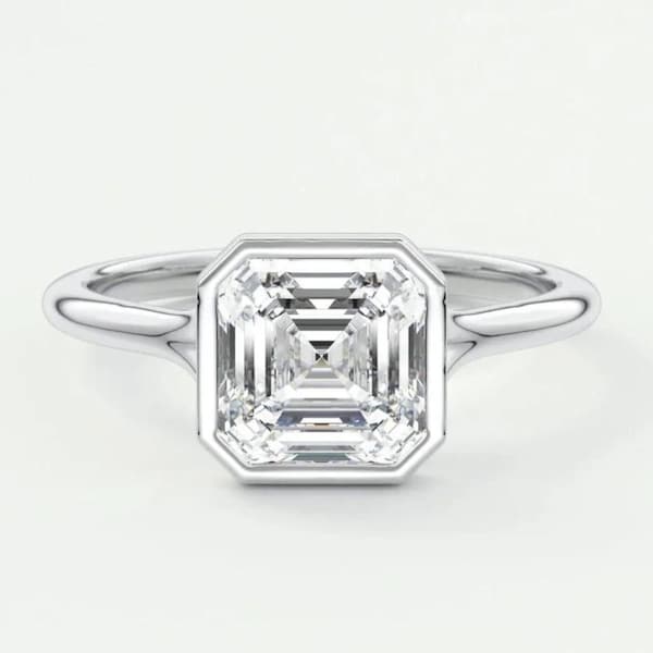 3 CT Asscher Cut Colorless Moissanite Engagement Ring, Cathedral style Bezel Set Solitaire Wedding Ring, Solid 14K White Gold Unique Ring