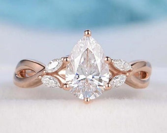 Anello di fidanzamento in moissanite incolore con taglio a pera da 2,50 CT, anello nuziale in moissanite con gambo attorcigliato diviso marquise, anello in oro rosa massiccio 14K regalo