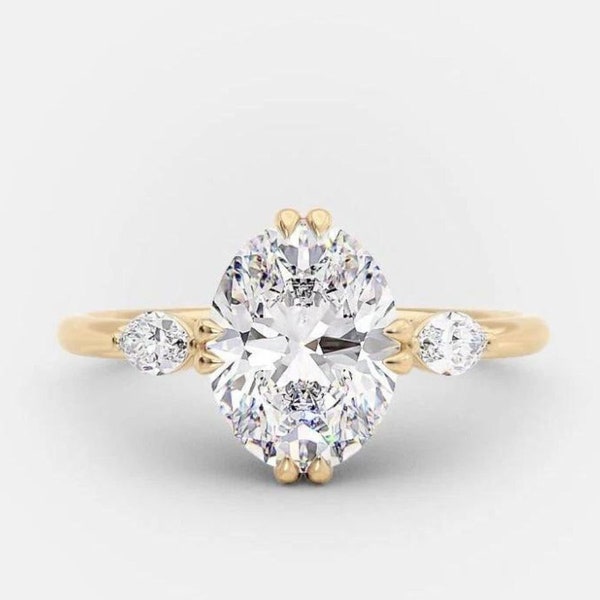 2.5 CT Oval Cut Colorless Moissanite Engagement Ring, Double Prong Bar Set Three Stone Solitaire Ring, Pear Moissanite Wedding 14K Gold Ring