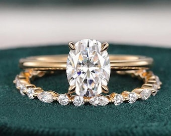 Set di anelli da sposa in Moissanite incolore con taglio ovale da 2,5 CT, fede nuziale per l'eternità completa, set di anelli di fidanzamento in oro giallo massiccio 14K, anello vintage