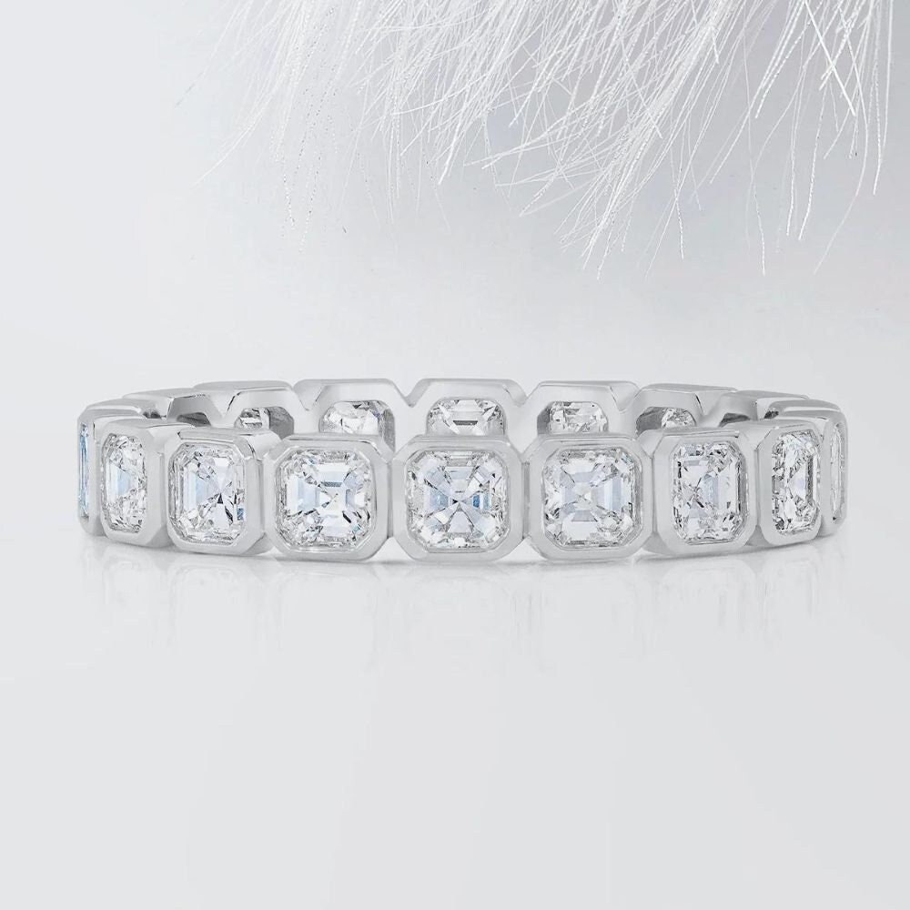 Asscher Cut Lab Grown Diamond Wedding Band: 14K White Gold Eternity Ring