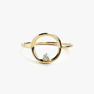 Open Circle Shape Wedding Ring, Round Cut Lab Grown Diamond Engagement Ring, Tiny Diamond Wedding Ring, 14K Yellow Gold Minimalist Ring Gift