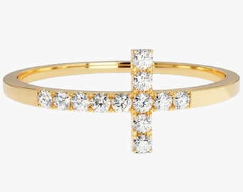 14K Gold Cross Ring: Lab Grown Diamond Religious Wedding Ring