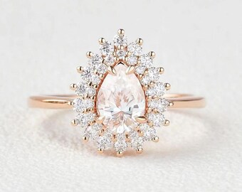 Anello in oro rosa massiccio 14K, anello di fidanzamento in Moissanite incolore con taglio a pera 3CT, anello nuziale a doppio alone, anello solitario stile cattedrale unico