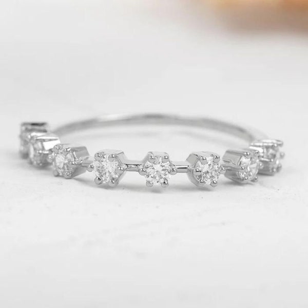 0.40 TCW Round Cut Colorless Moissanite Wedding Band, Shared Prong Thin Distance Band  Half Eternity Wedding Band, Solid 14K White Gold Ring