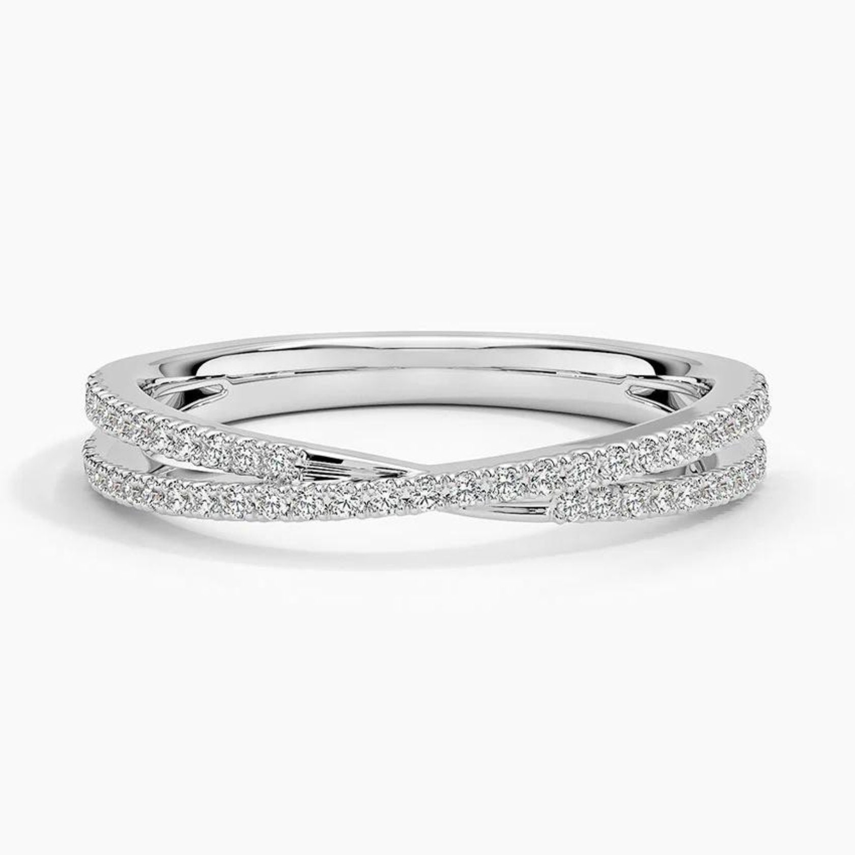 Criss Cross Lab Grown Diamond Wedding Band: 14K White Gold Pave Ring