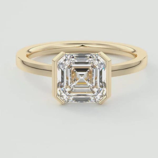2.5 CT Asscher Cut Colorless Moissanite Engagement Ring, Half Bezel Solitaire Wedding Ring, Solid 14K Yellow Gold Ring, Delicate Ring Gift