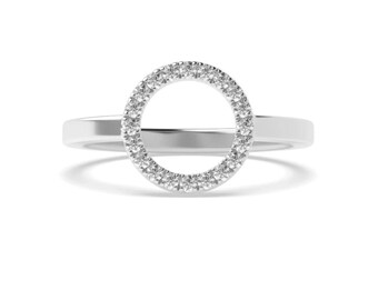 Open Circle Moissanite Halo Ring, 14K White Gold Engagement Ring