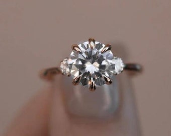 3 CT Round Lab Grown Diamond Engagement Ring: 14K Rose Gold Three Stone