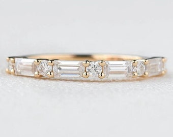Baguette & Round Lab Diamond Half Eternity Band - 14K Yellow Gold