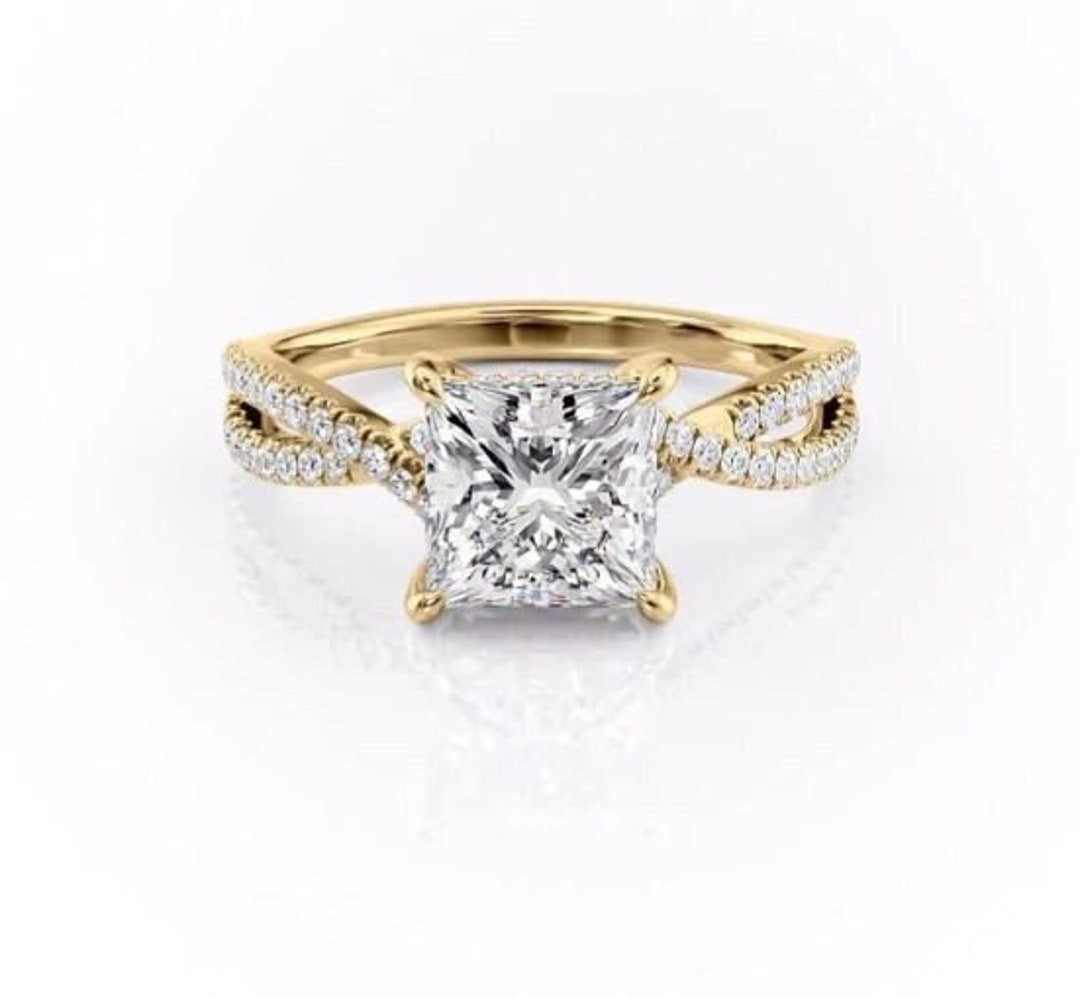 3 CT Princess Cut Lab Grown Diamond Ring: 14K Yellow Gold Twisted Band ...