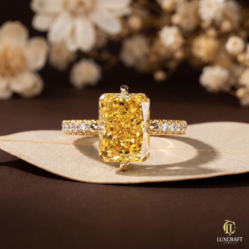 Fancy Circlular R Radiant Cut Fancy Yellow Lab Grown Diamond Engagement Ring in Compass ...