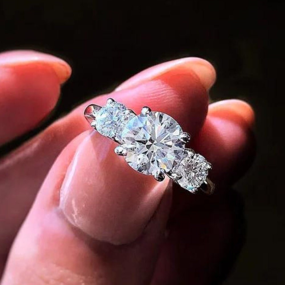 2 CT Lab Grown Diamond Engagement Ring, 14K White Gold Three Stone Ring ...