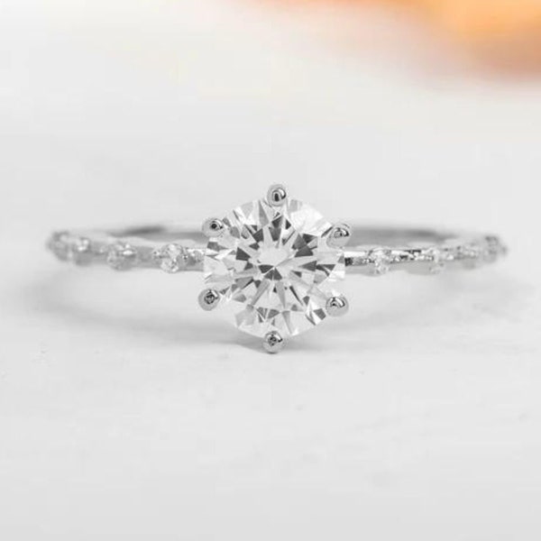 2 CT Round Cut Colorless Moissanite Engagement Ring, Half Eternity Moissanite Wedding Ring, Solid 14K White Gold Ring, Anniversary Ring Gift
