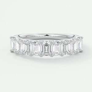 Emerald Cut Lab Grown Diamond Wedding Band: 14K White Gold Half Eternity