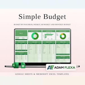 May include: A laptop screen displays a "Simple Budget" template with green and white charts and tables. The text reads "Budget by Paycheck, Weekly, Bi-Weekly and Monthly Budget." The bottom of the image shows the text "GOOGLE SHEETS & MICROSOFT EXCEL TEMPLATES."