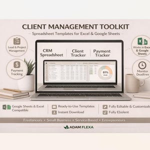May include: A laptop displaying a spreadsheet interface, part of a client management toolkit. The image includes icons for lead management, payment tracking, and spreadsheet compatibility. Text reads "Client Management Toolkit" and "Spreadsheet Templates for Excel & Google Sheets."