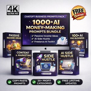 Pode incluir: Imagem promocional de um pacote de prompts de IA, com o texto "1000+ AI Money-Making Prompts Bundle" exibido em uma tela de computador. Várias caixas de produtos são apresentadas, com títulos como "Passive Income Ideas" e "AI Side Hustle". Um adesivo "Free Bonus!" também é visível.