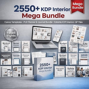 Puede incluir: Imagen promocional de un mega paquete de interiores KDP, con un portátil, una tableta y varias plantillas de planificador. El texto dice "2550+ KDP Interior Mega Bundle" e incluye "Canva Templates" y "Resell Rights".
