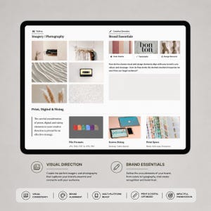 May include: A tablet displays a brand design guide with sections on imagery, brand essentials, and print specifications. The screen shows examples of color palettes, typography, and file formats. The tablet is black and has a white screen.