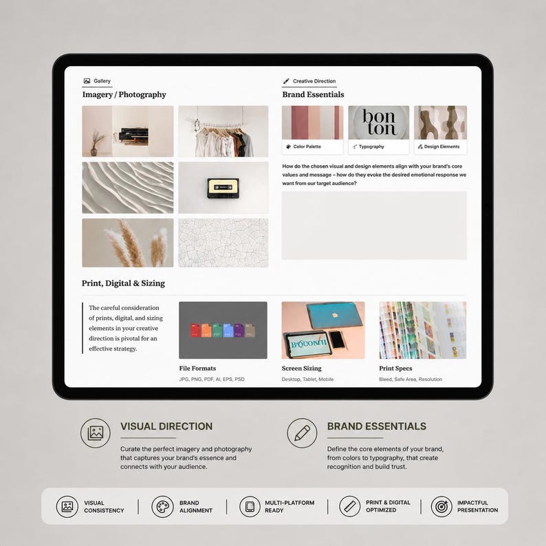 May include: A tablet displays a brand design guide with sections on imagery, brand essentials, and print specifications. The screen shows examples of color palettes, typography, and file formats. The tablet is black and has a white screen.