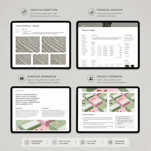 May include: Four digital tablets displaying business-related content. The screens show mood boards, financial insights, strategy workbooks, and project feedback. The tablets are surrounded by icons and text, including "Creative Direction" and "Professional Templates."