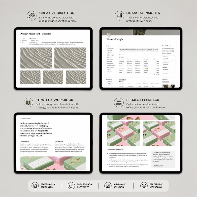 May include: Four digital tablets displaying business-related content. The screens show mood boards, financial insights, strategy workbooks, and project feedback. The tablets are surrounded by icons and text, including "Creative Direction" and "Professional Templates."