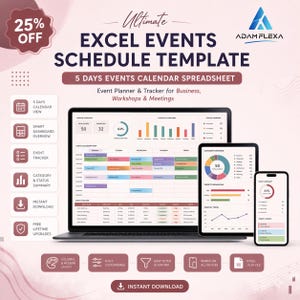 Excel Events Schedule Template | Five Days Events Calendar Spreadsheet | Event Planner & Tracker for Business, Workshops  Meetings