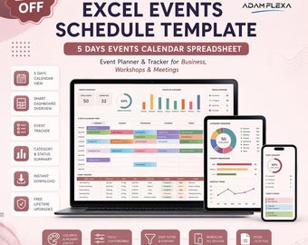 Excel-sjabloon voor evenementenschema | Spreadsheet met vijfdaagse evenementenkalender | Evenementplanner en -tracker voor bedrijven, workshops, vergaderingen