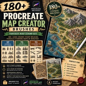 May include: A digital Procreate brush set for fantasy map creation featuring 180+ hand-drawn stamps including buildings, nature, and infrastructure. The set includes a tablet displaying a detailed map, sample prints, and text detailing the contents.