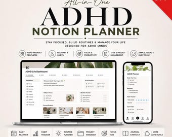 ADHD Notion Planner Template | Neurodivergent Life Planner |Daily Routine Habit Tracker Focus Dashboard Executive Function Digital Organizer