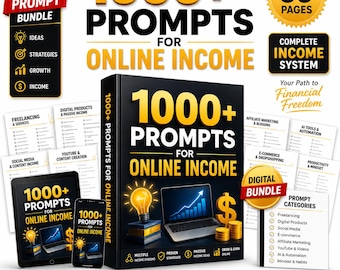 Plus de 1 000 invites de revenus en ligne | Business Planner numérique, AI Prompt Guide (Canva PDF)