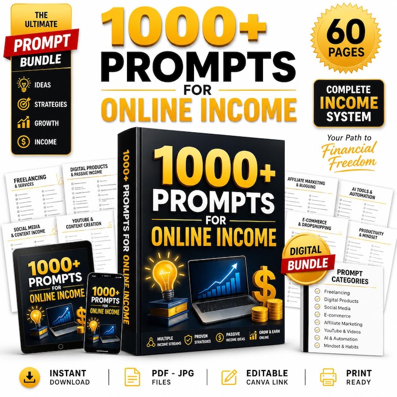Peut inclure: Un ensemble num&eacute;rique intitul&eacute; "1000+ Prompts for Online Income" avec une couverture de livre noire et du mat&eacute;riel de soutien. La couverture pr&eacute;sente une ampoule, un ordinateur portable et un symbole dollar. Mat&eacute;riel suppl&eacute;mentaire inclus.